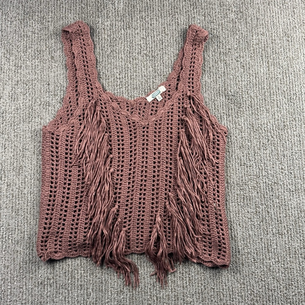 Gimmicks Womens L Crochet Fringe Cropped Tank Top V Neck Festival Boho Rose